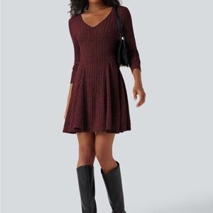Ribbed Knit V Neck Long Sleeve Flare Mini Casual Dress